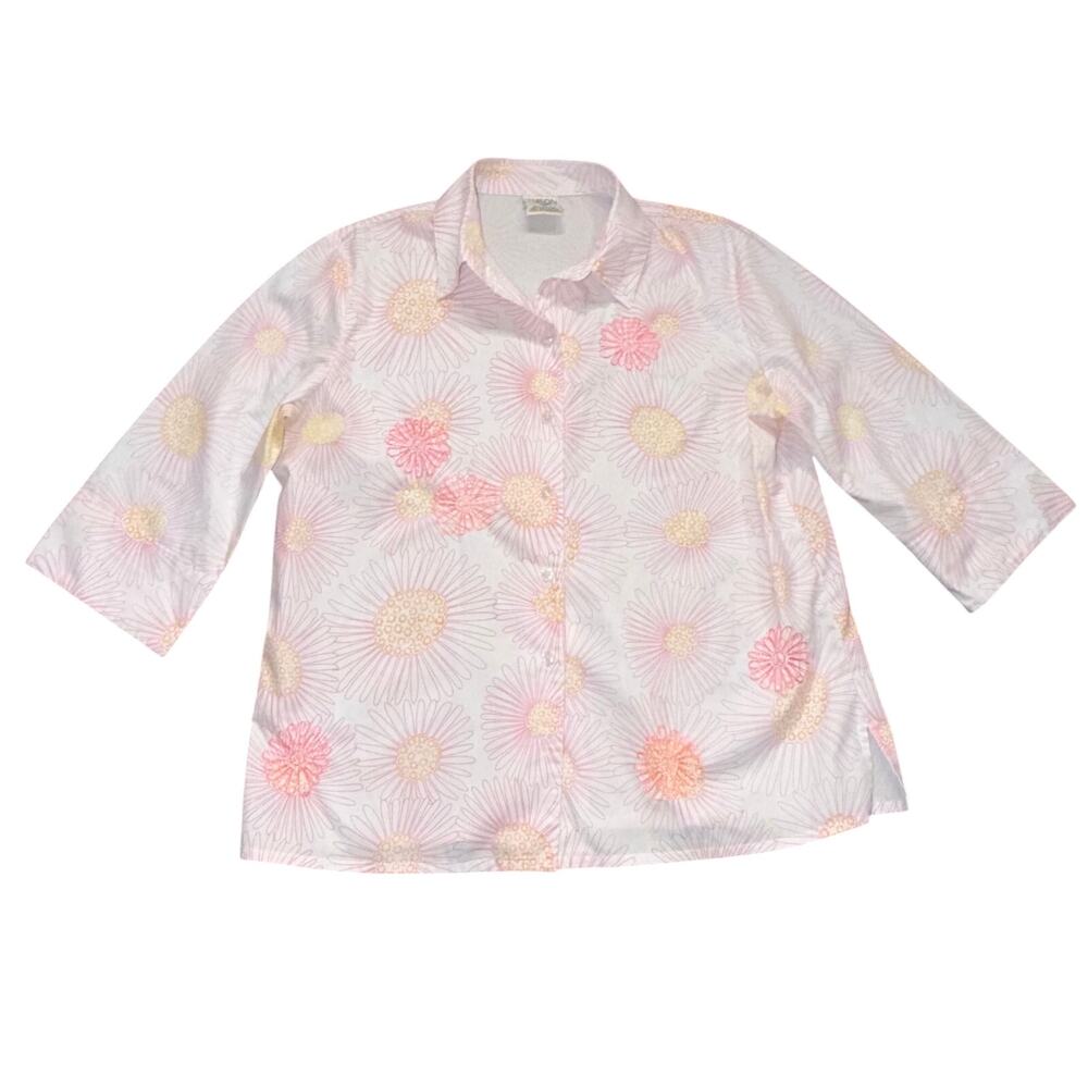 Allison Daley White Pink Yellow Floral Embroidery Button Front Blouse Top 12P